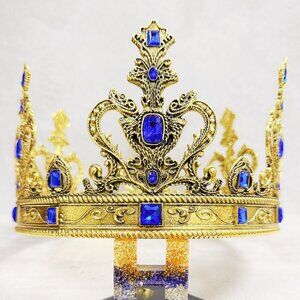Vintage gold crown, blue stone crown, cosplay headdress, birthday party crown